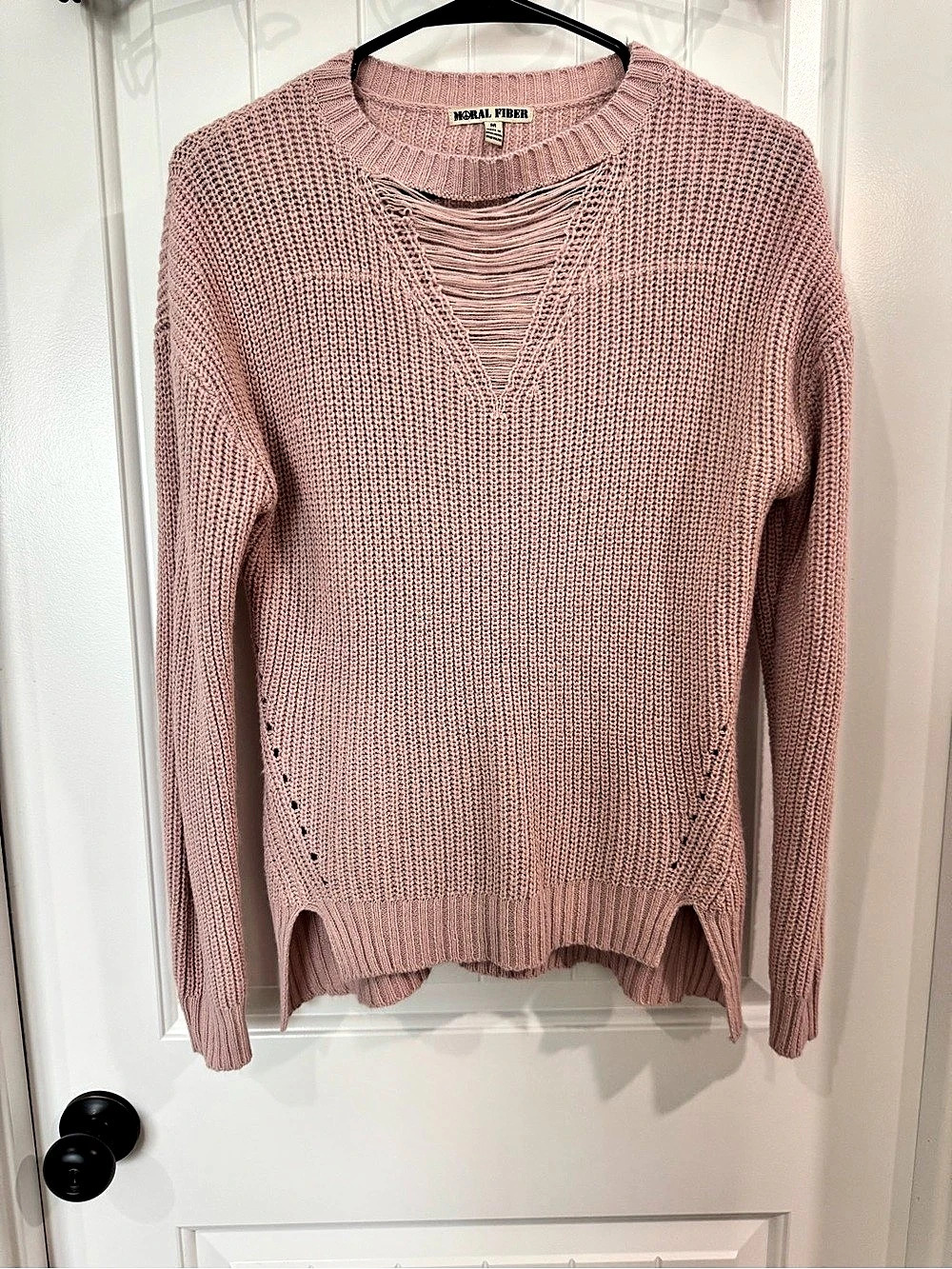 Moral Fiber Women's Pink Distressed Neckline Sweater Size Medium